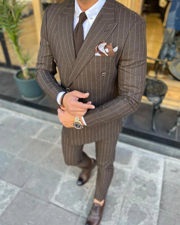 Aidase Brown Pinstripe Men Suit 2 Pieces Business Blazer Pants Double Breasted Wedding Groom Formal Work Wear Party Causal Tailored aidase-shop